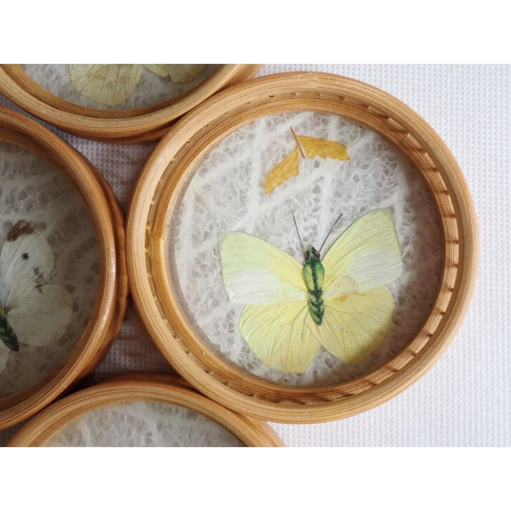 Vintage Bamboo Butterfly and Floral Coasters Set of 4 Natural Boho Decor Retro